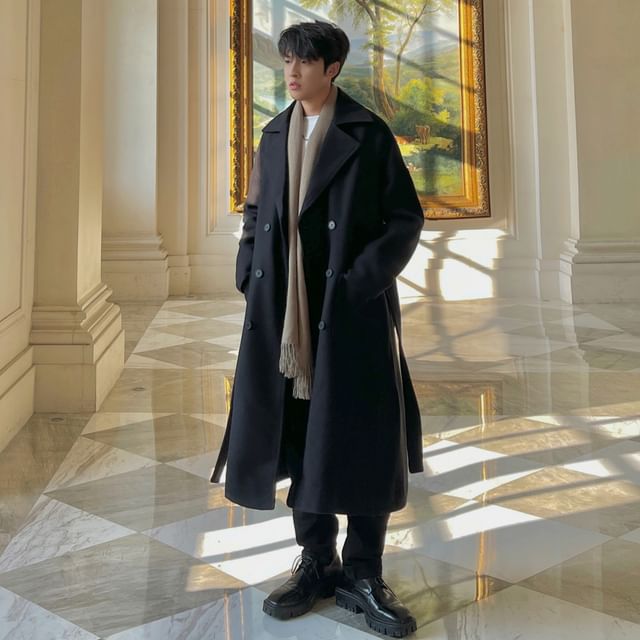 DragonRoad-Lapel Collar Plain Double Breasted Coat