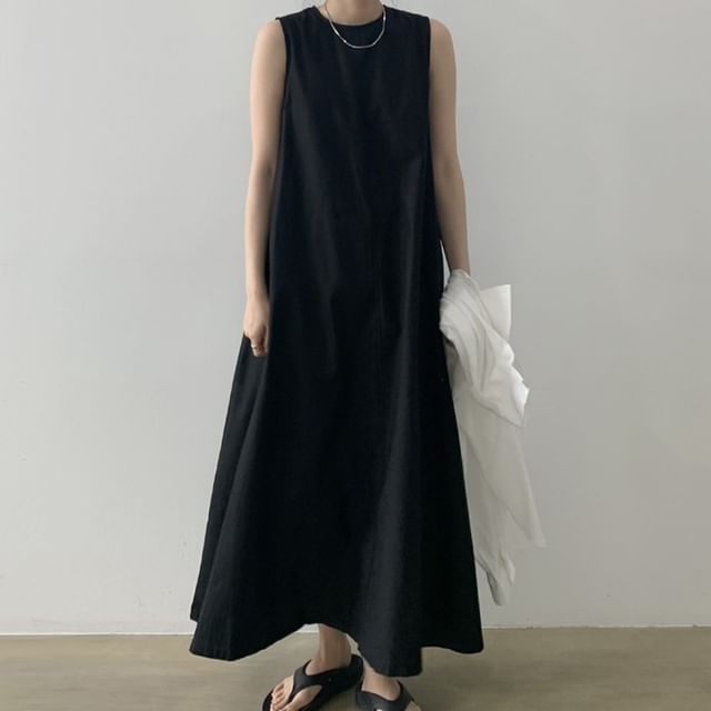 Tulstrix-Sleeveless Plain Midi A-Line Dress