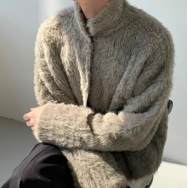 DuckleBeam-Stand Collar Plain Fluffy Snap Button Jacket
