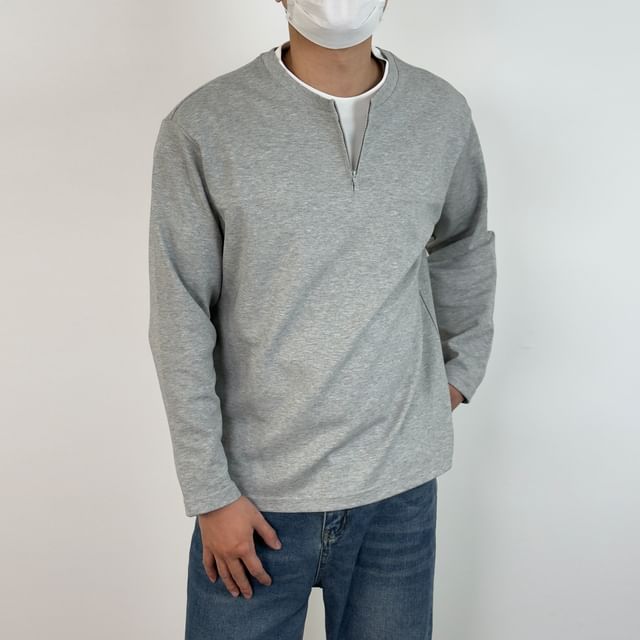 DragonRoad-Mock Two-Piece Long-Sleeve Crew Neck Two Tone Half-Zip T-Shirt