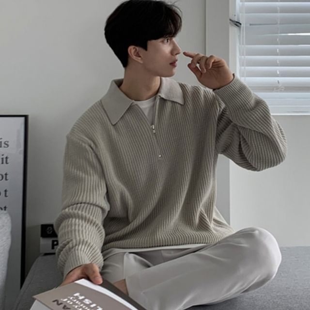 Savenne-Collared Drop Shoulder Plain Half Zip Oversized Sweater