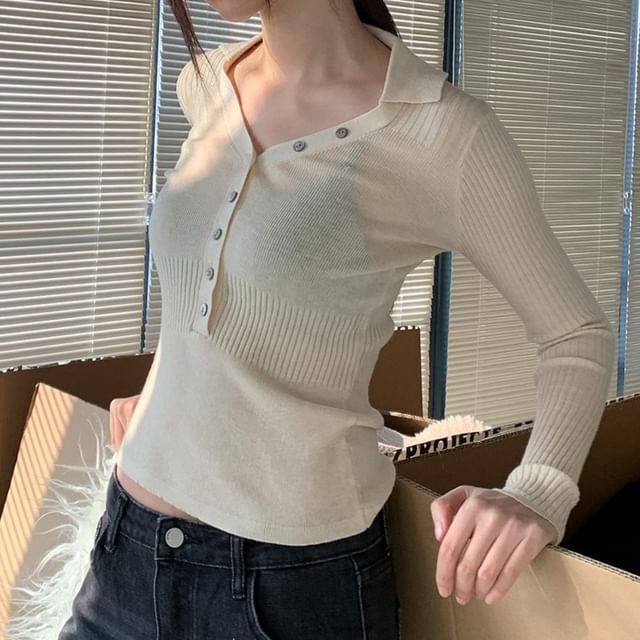 Striinkie-Long-Sleeve V-Neck Half Buttoned Plain Knit Top