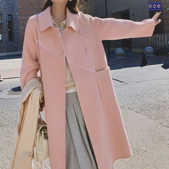 Acoustic Rain-Collared Plain Midi Toggle Coat