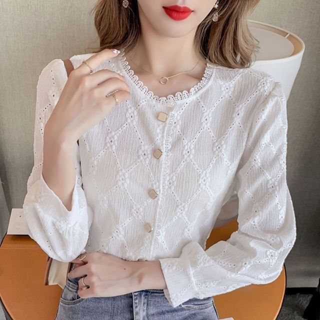 INEN-Long-Sleeve Argyle Lace Trim Blouse