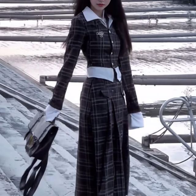 Shinsei-Set Long-Sleeve Collared Plaid Button Blouse High Waist Plaid Midi A-Line Skirt