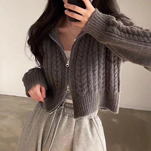Inchioh-Plain Crop Cable Knit Zip Cardigan