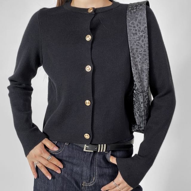 Ulark-Crew Neck Plain Button Up Crop Cardigan