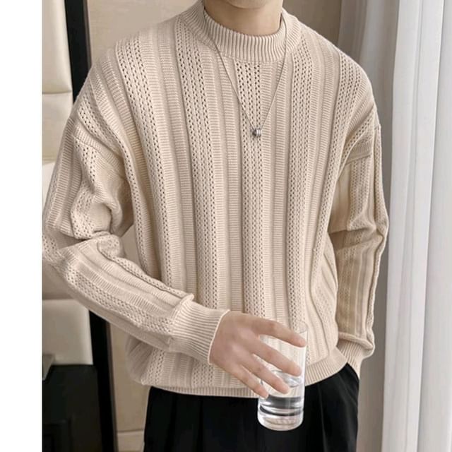 Nightbell-Mock Neck Plain Perforated Sweater