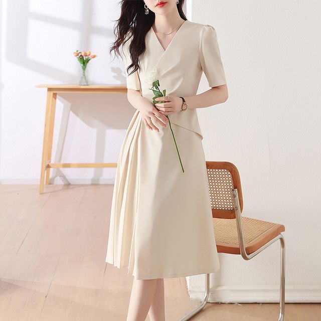 Tulik - Short-Sleeve V-Neck Plain Asymmetrical Pleated Panel Midi A-Line  Dress | YesStyle