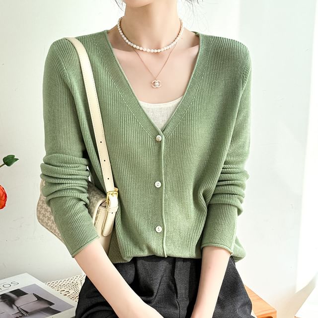 Acoustic Rain-V-Neck Plain Ribbed Cardigan