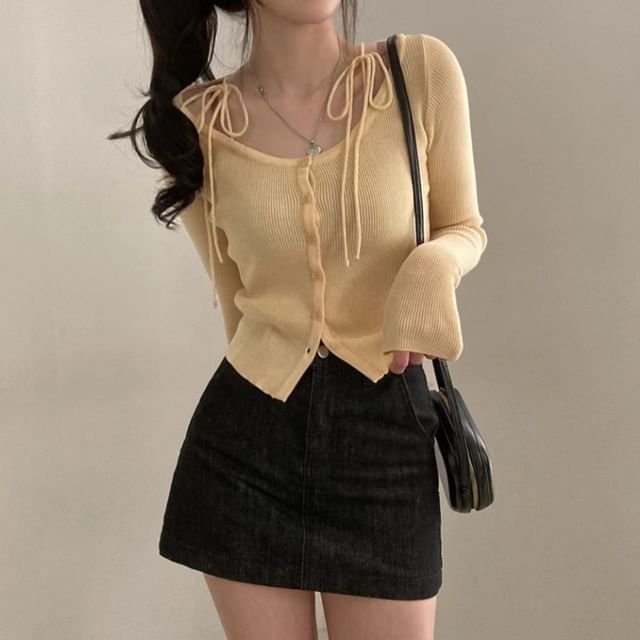 Tulstrix-Scoop Neck Tie Shoulder Plain Button-Up Crop Cardigan