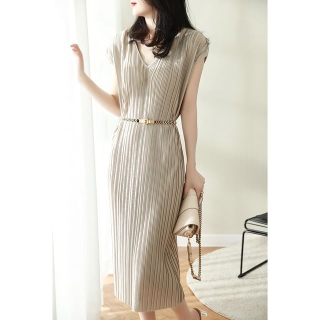 Omibayo-Cap-Sleeve V-Neck Plain Crinkle Midi Shift Dress