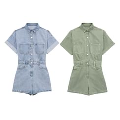 Short-Sleeve Collared Half-Buttoned Denim Romper
