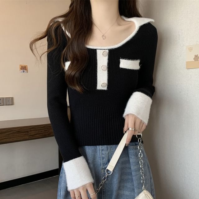 Sisyphi-Collar Plain Contrast Trim Ribbed Sweater