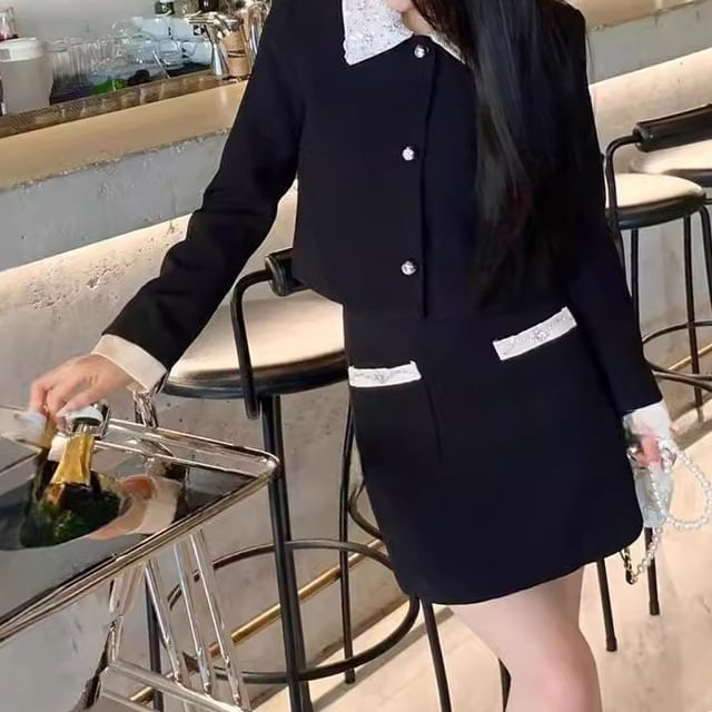 Gultown-Set Beaded Collar Two Tone Button Jacket High Waist Mini Pencil Skirt