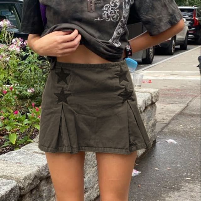 Sosana - High-Waist Star Print Mini Pleated Denim Skirt | YesStyle