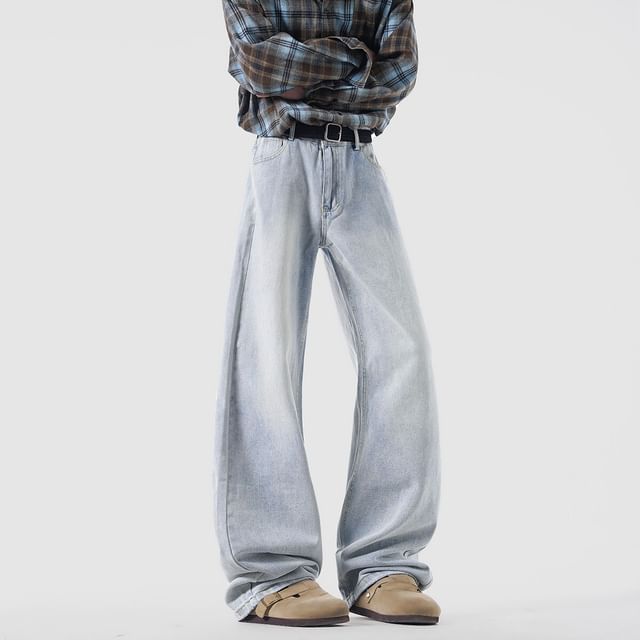 FOEV-High Waist Washed Wide Leg Jeans