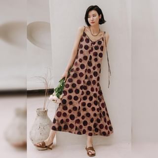 MIGU Spaghetti Strap V-Neck Dotted Midi A-Line Dress Sale