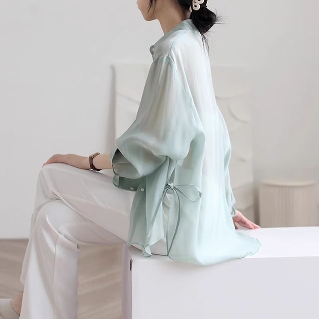 Happo-Long-Sleeve Plain Sheer Tie Side Button-Up Shirt