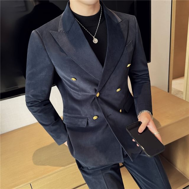 Lefitt-Set Peak Lapel Plain Double-Breasted Blazer High Waist Cropped Tapered Pants