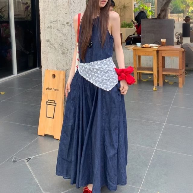 Dute-Spaghetti Strap Washed Denim Midi A-Line Dress