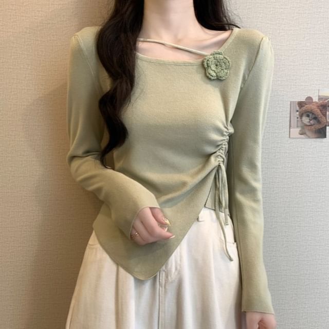 Sisyphi-Long-Sleeve Plain Drawstring Asymmetrical Knit Top