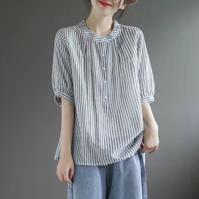 Lewwe-Puff-Sleeve Striped Button-Up Blouse