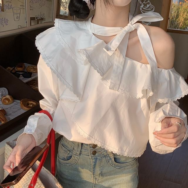 Trendycas-Long-Sleeve Cold-Shoulder Plain Ruffle Trim Blouse