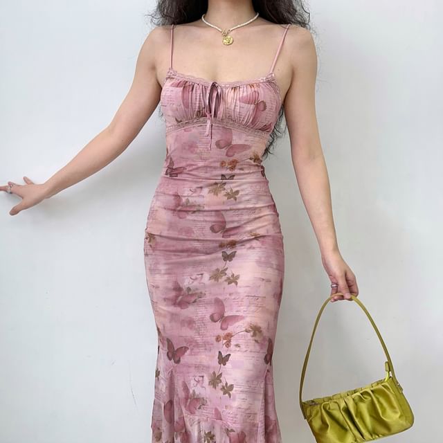 Sinora - Spaghetti Strap Scoop Neck Butterfly Print Asymmetrical Lace Trim  Open Back Midi Bodycon Dress | YesStyle