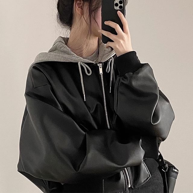 Coris-Faux Leather Collared Zip-Up Jacket