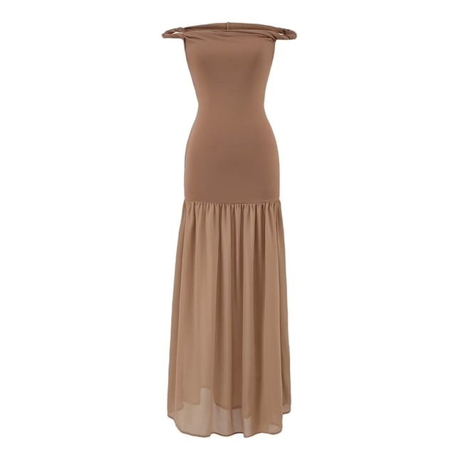 Hollahop-Sleeveless Off Shoulder Plain Gathered Panel Maxi Sheath Dress
