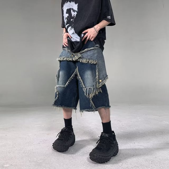 Femilina-Mid Rise Patchwork Fringed Washed Wide Leg Jorts