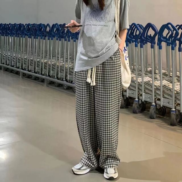 Everose-Mid Rise Gingham Wide Leg Pants