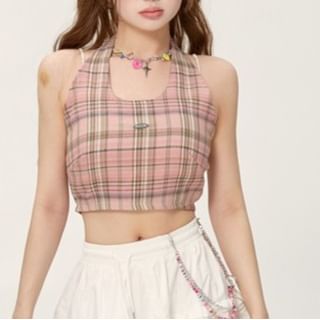 JVL-Halter Neck Plaid Open Back Crop Top