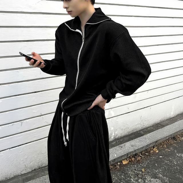 Okwano-Stand Collar Contrast Trim Ribbed Zip Jacket