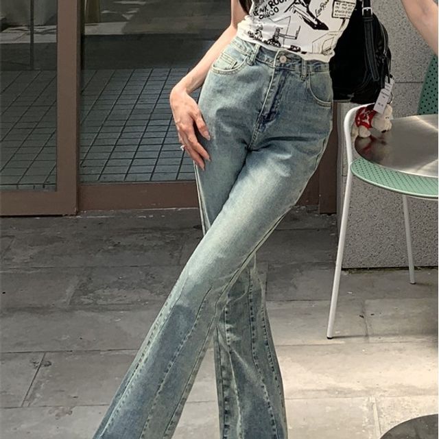 moodphase - High Waist Washed Paneled Tasseled Bootcut Jeans 