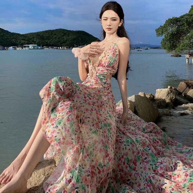 AMOS - Spaghetti Strap V-Neck Floral A-Line Maxi Dress | YesStyle