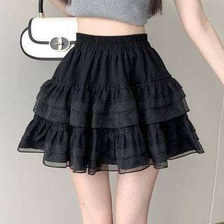Sisyphi-High Waist Plain Mini Tiered Skirt