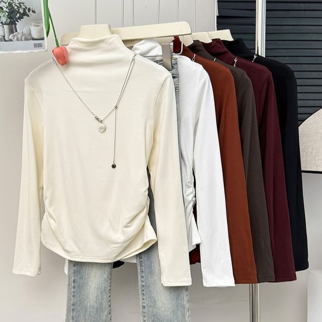 Lemongrass-Basic Mock-Neck Ruched T-Shirt in 7 Colors