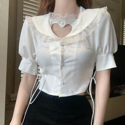 VeryBerry - Puff-Sleeve Collared Heart Cutout Drawstring Blouse | YesStyle