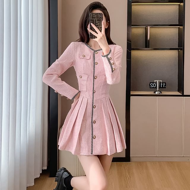 open lace back dress Berylove Women Tweed Pink Work Dress A-Line Long Sleeve Midi Business Casual Dress, Pink / L