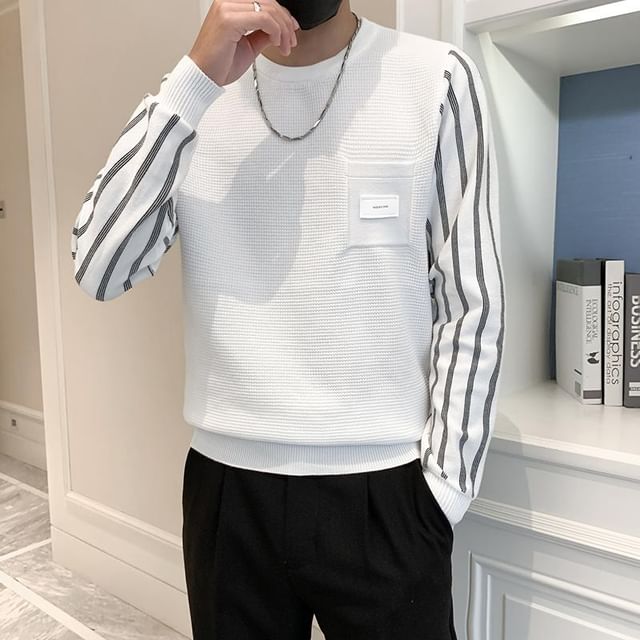 Naideth-Crew Neck Striped Panel Sweater