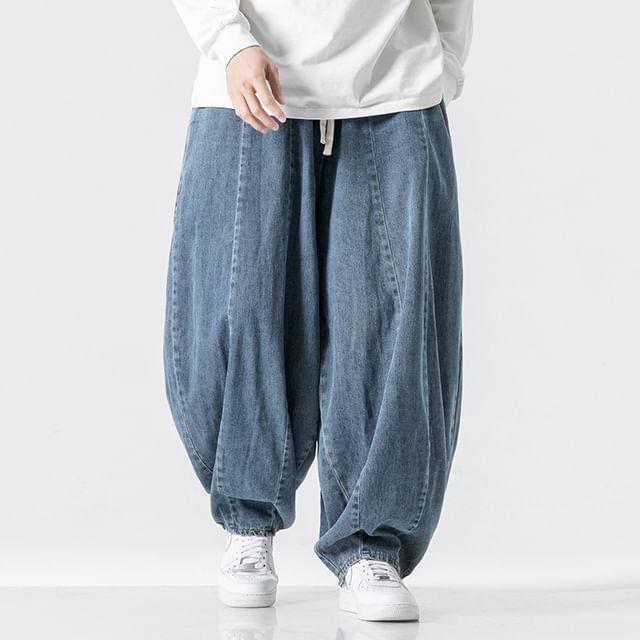 YIKES-Drawstring Waist Washed Harem Jeans
