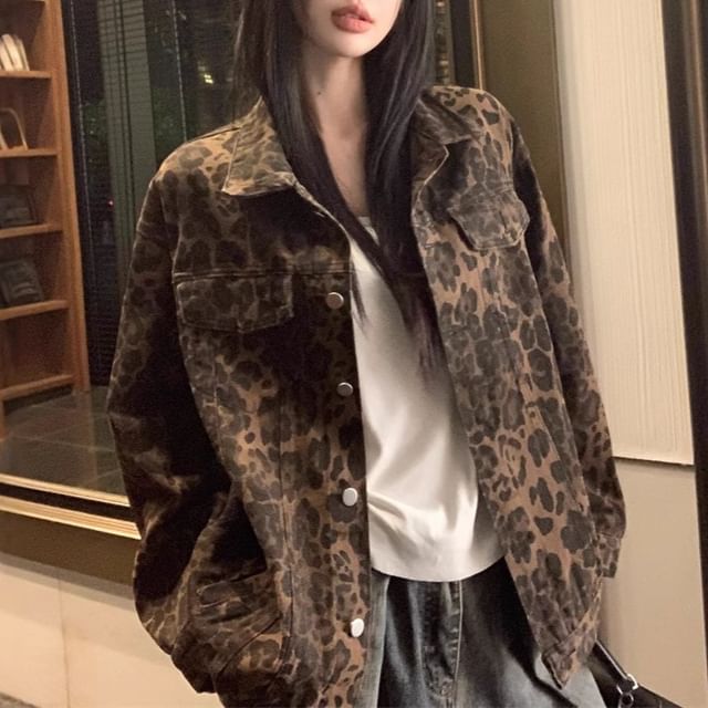 Kenning-Leopard Print Pocket Front Denim Single-Breasted Jacket
