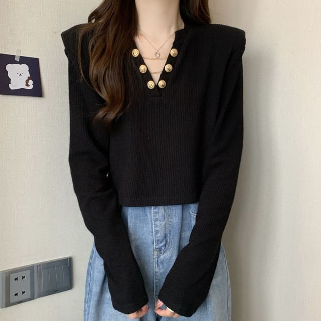 Sisyphi-Long Sleeve V-Neck Plain Double Breasted Top