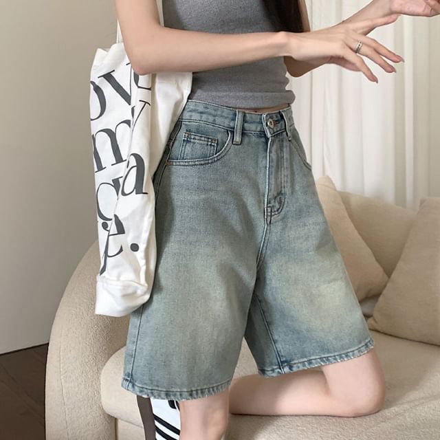 【KOOLOSET】Grayish Washing Bermuda Denim Elyse Mid Rise Bermuda Shorts