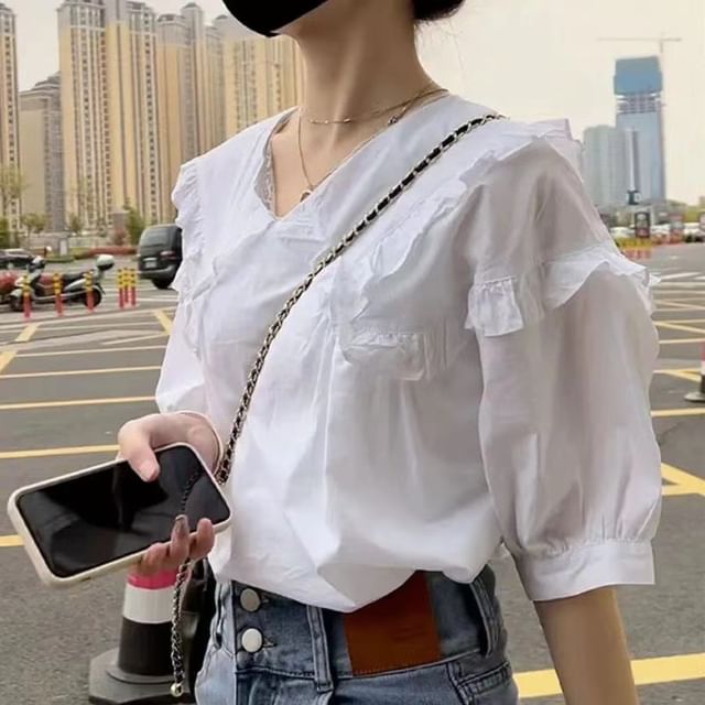 ISSOL-Elbow Sleeve Collared Plain Ruffle Blouse