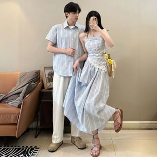 Azure Couple Matching Spaghetti Strap Plaid Bow Accent Ruched Maxi A-Line Dress / Short-Sleeve Button-Up Shirt Sale