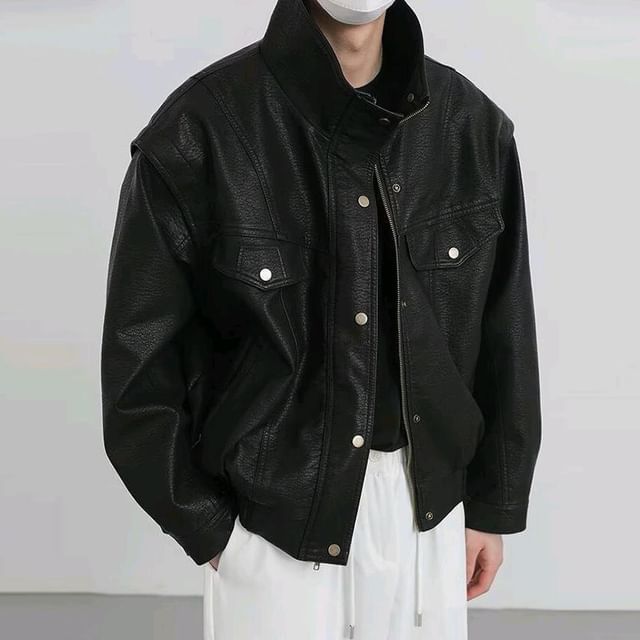 GRAYCIOUS-Stand Collar Plain Faux Leather Zip Jacket