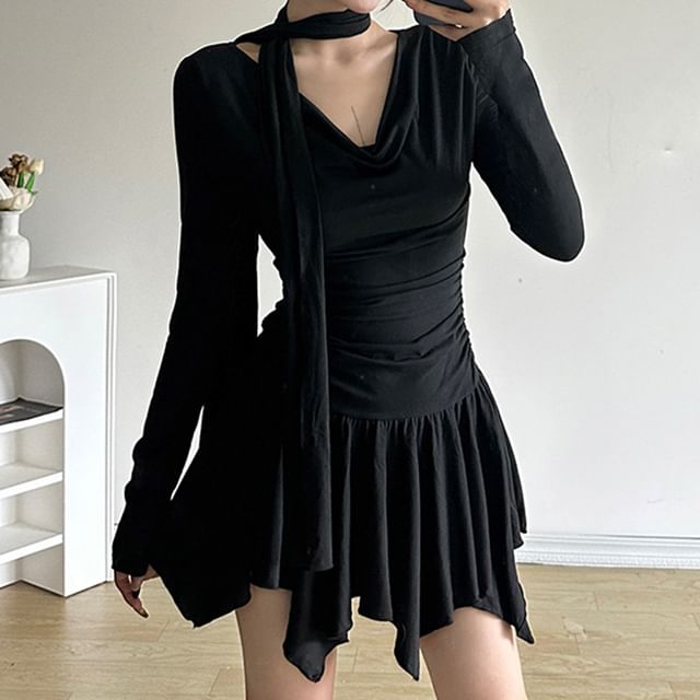 Honet - Long Sleeve Scarf-Collar V-Neck Plain Slim-Fit Asymmetric-Hem Mini A -Line Dress | YesStyle
